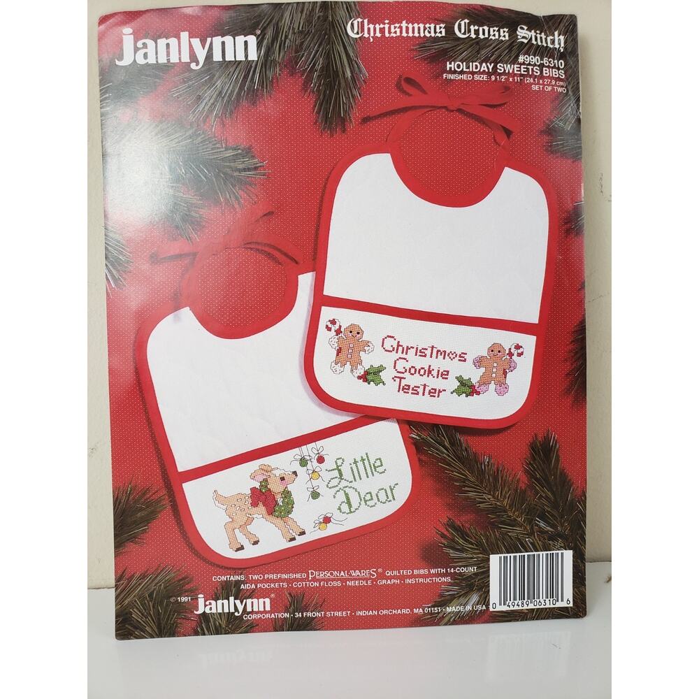 1991 Janlynn Personal Wares Holiday Bibs Christmas Cross Stitch Kit #990-6310